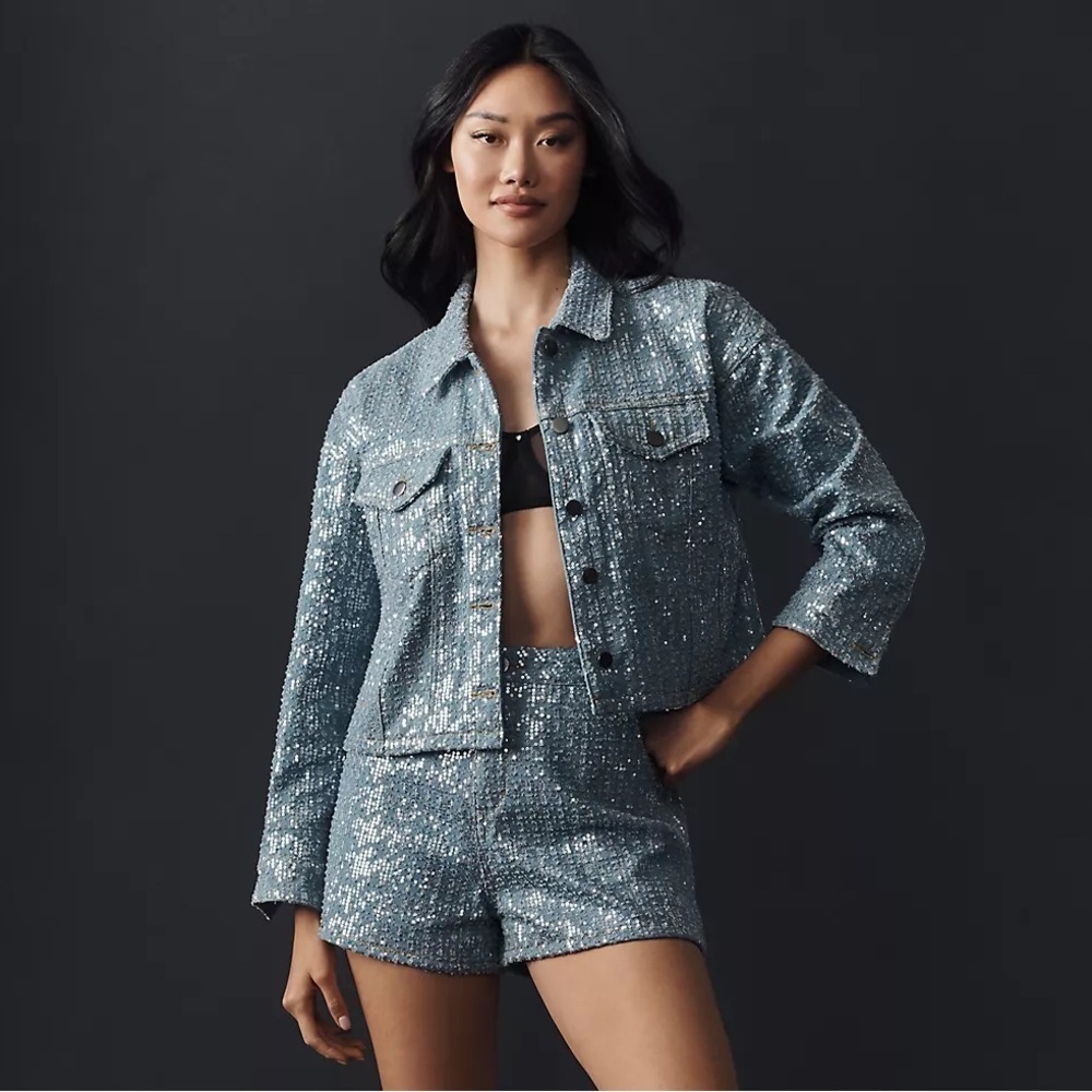 NWT! Anthropologie Flat White Sequin Denim Jacket - Size XL 🪞